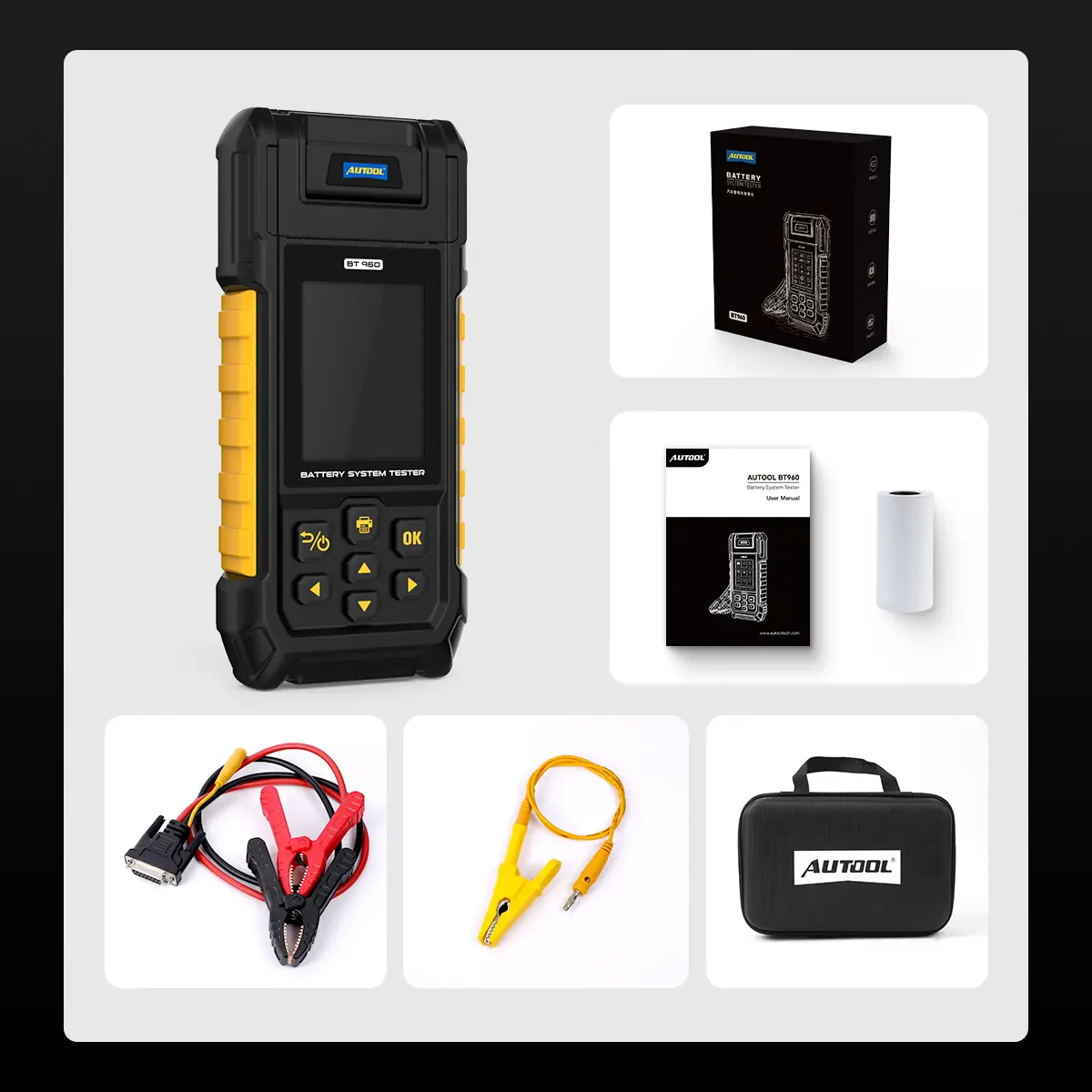 AUTOOL BT960 packing list showing main unit retail box manual thermal paper roll clamps leakage test cable and storage bag