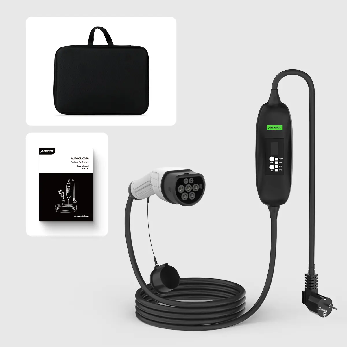 AUTOOL C350 packing list showing charger, cable, plug, storage bag and user manual