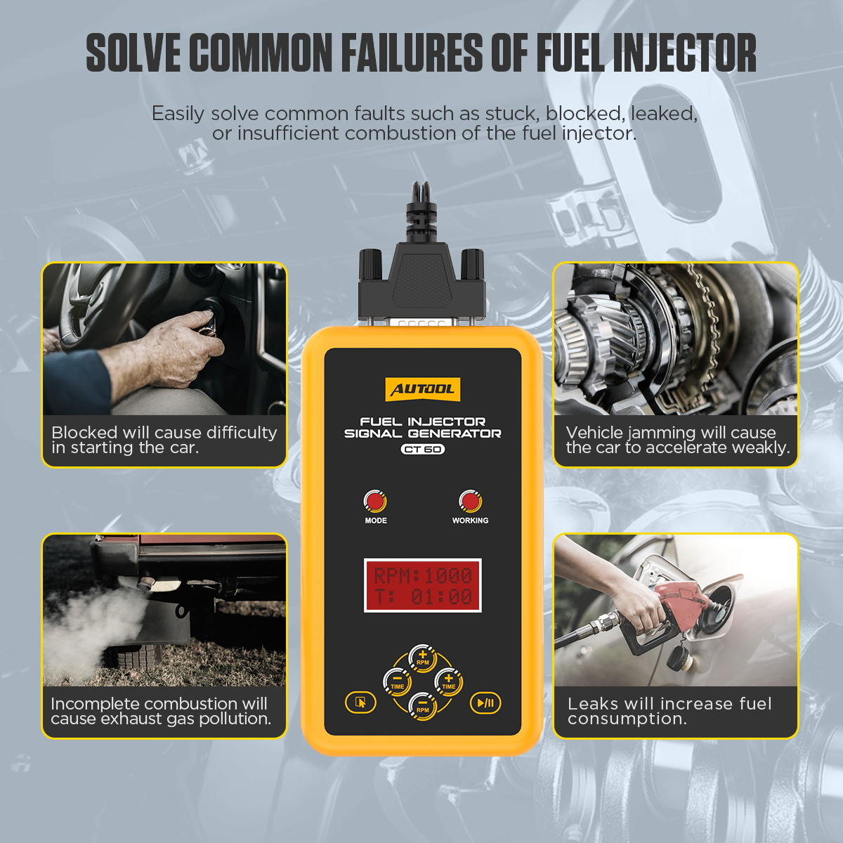 AUTOOL CT60 helps check common fuel injector failures including blocked injector weak acceleration exhaust pollution and higher fuel consumption