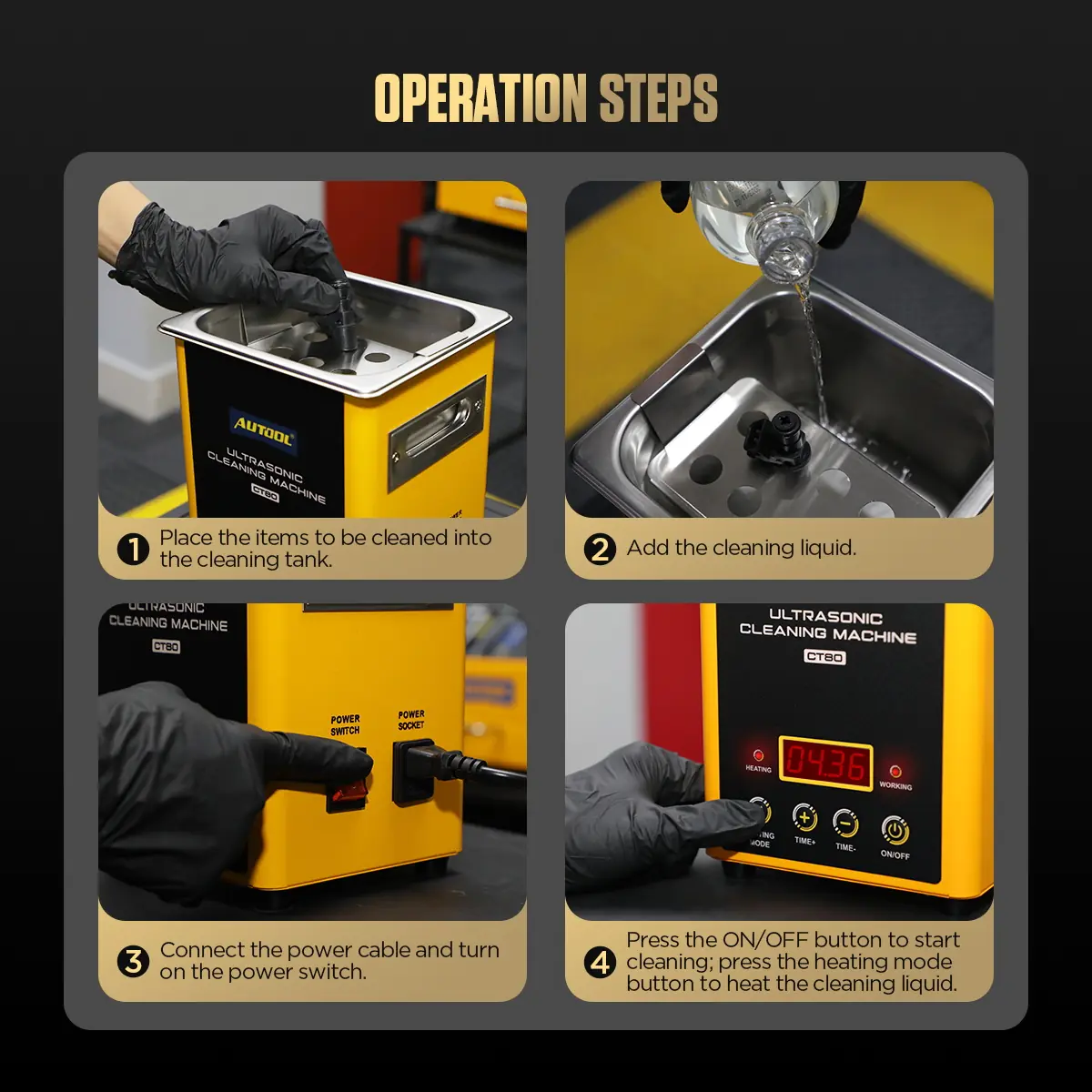 AUTOOL CT80 operation steps place items add cleaning liquid connect power and start cleaning or heating