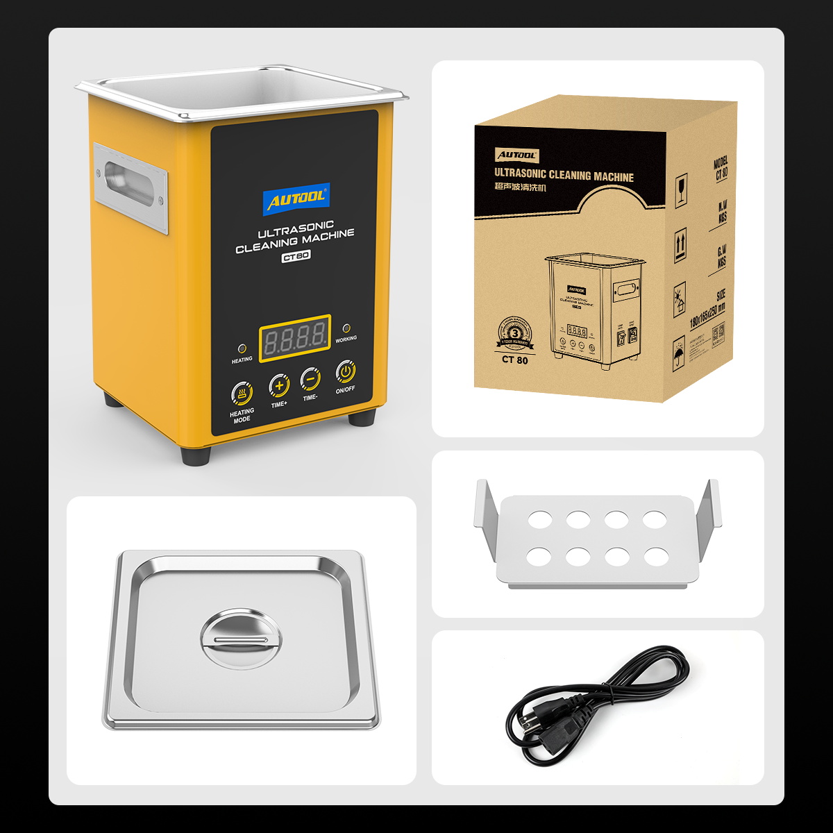 AUTOOL CT80 packing list including main unit retail box lid cleaning stand and power cable