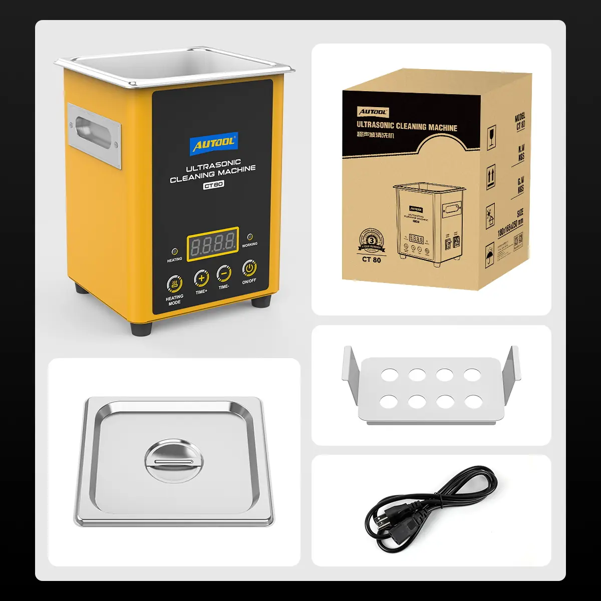 AUTOOL CT80 packing list including main unit retail box lid cleaning stand and power cable
