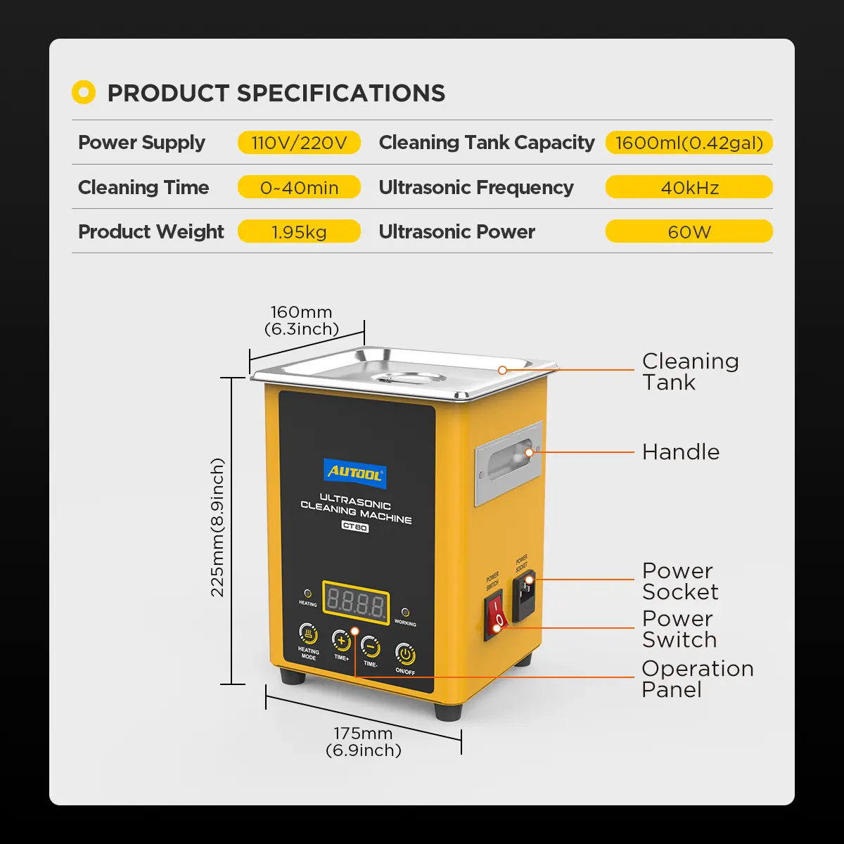 AUTOOL CT80 product specifications including 110V 220V 1600ml 0 to 40min 40kHz 1.95kg and 60W