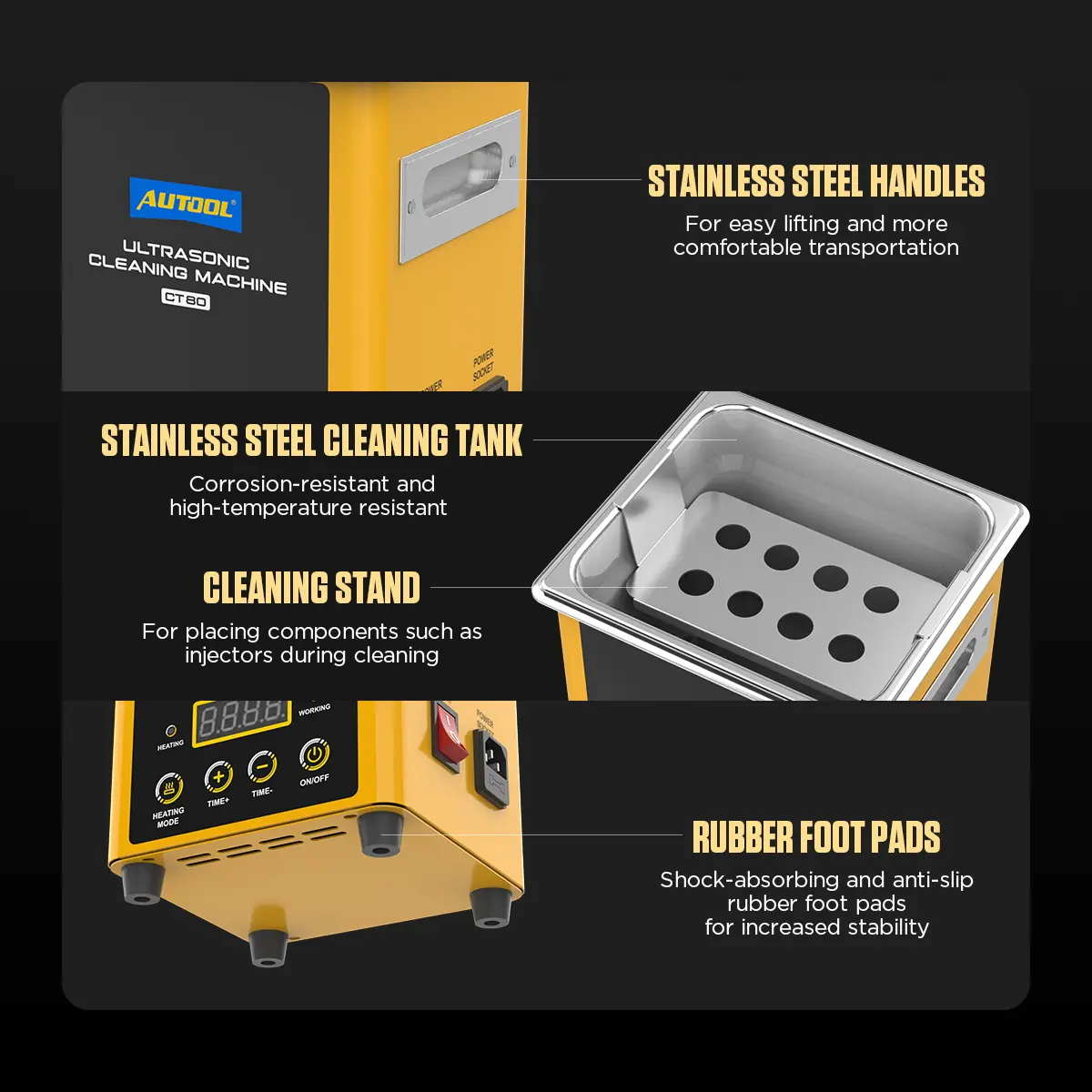 AUTOOL CT80 stainless steel handles cleaning tank cleaning stand and rubber foot pads