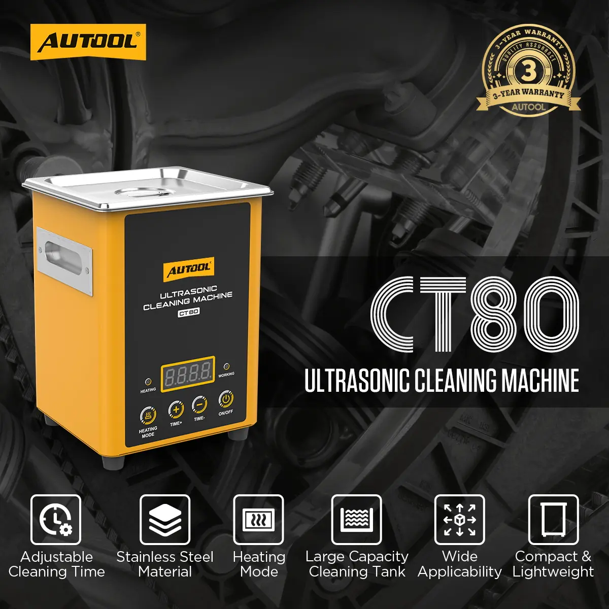AUTOOL CT80 ultrasonic cleaning machine main product image with heating mode large capacity tank and adjustable cleaning time