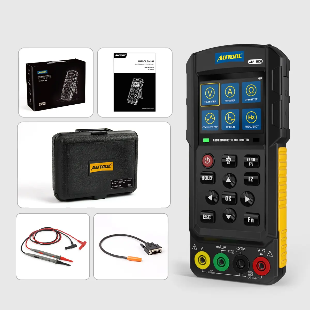 AUTOOL DM301 packing list with main unit toolbox user manual retail box test leads and connector cable