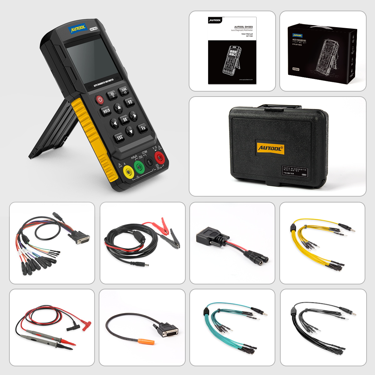 AUTOOL DM303 packing list with main unit manual retail box toolbox and multiple test leads