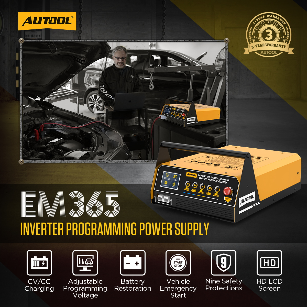 AUTOOL EM365 omvormer/programmeervoeding hoofdproductafbeelding met pictogrammen voor ECU-programmering, laden, herstel en noodstart