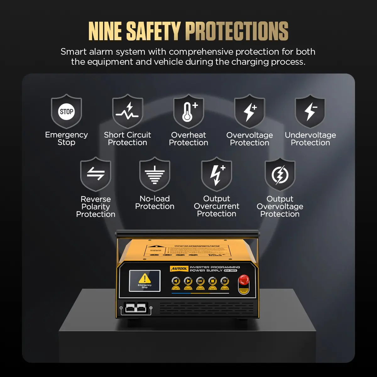 AUTOOL EM365 nine safety protections including emergency stop short circuit and overheat protection