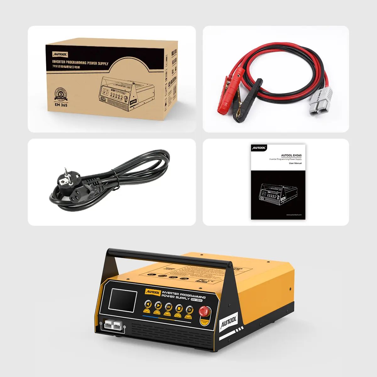 AUTOOL EM365 packing list with main unit retail box battery clamp cable AC power cable and user manual