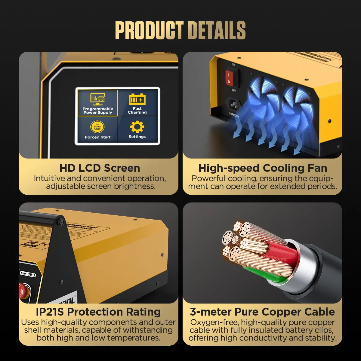AUTOOL EM365 product details HD LCD screen cooling fan IP21S protection rating and 3-meter pure copper cable