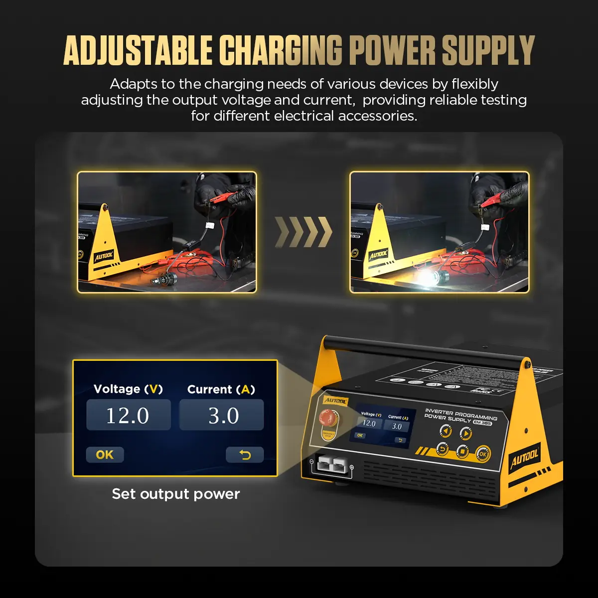 AUTOOL EM385 adjustable charging power supply feature