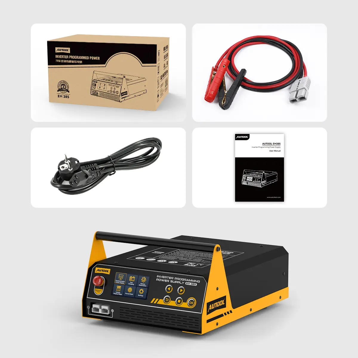 AUTOOL EM385 packing list with main unit cables manual and package box