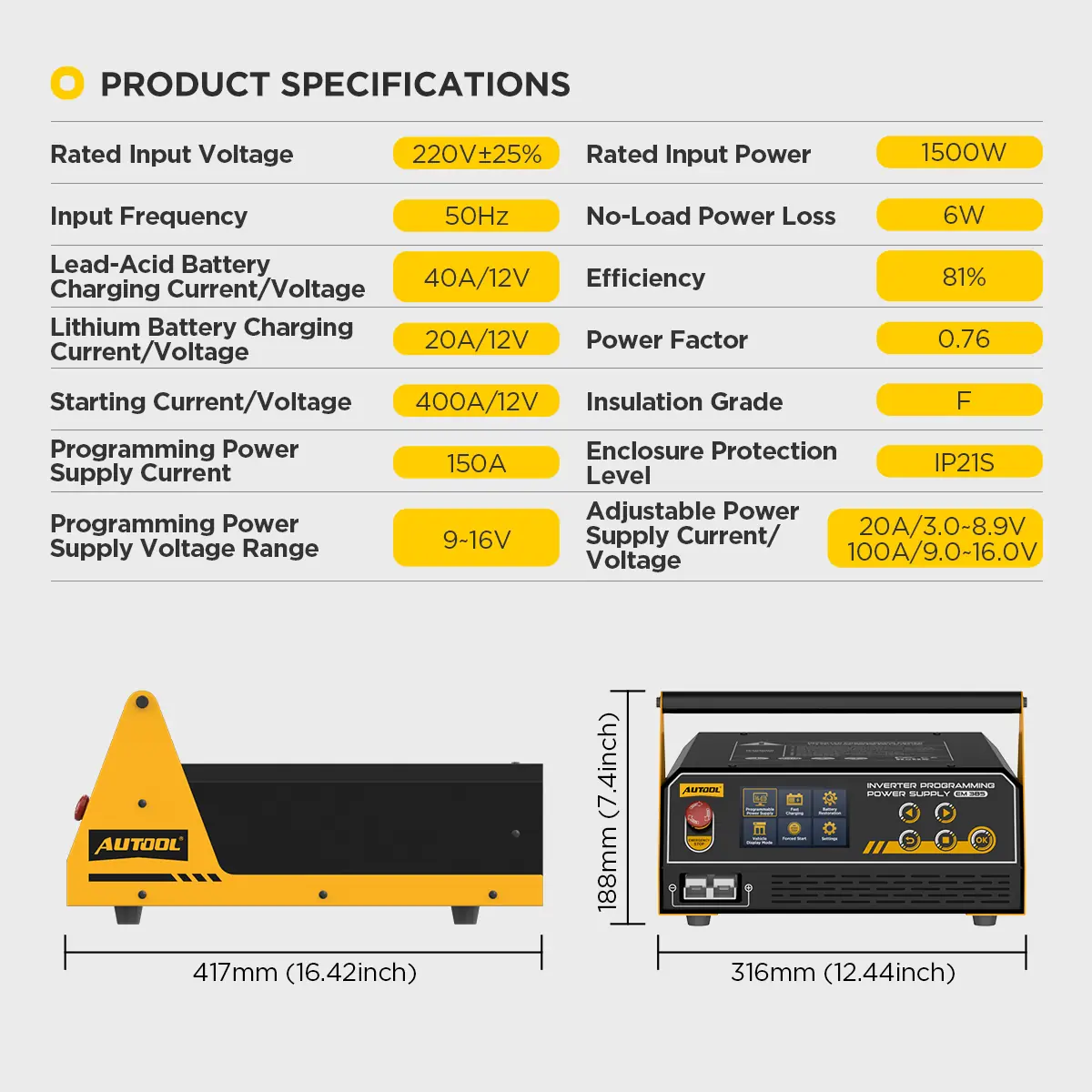 AUTOOL EM385 product specification image
