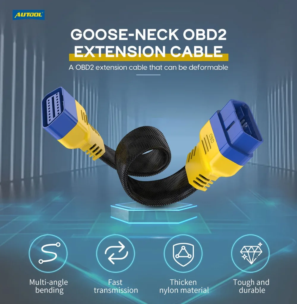 AUTOOL goose-neck OBD2 extension cable main product image with multi-angle bending fast transmission thickened nylon material and durable design