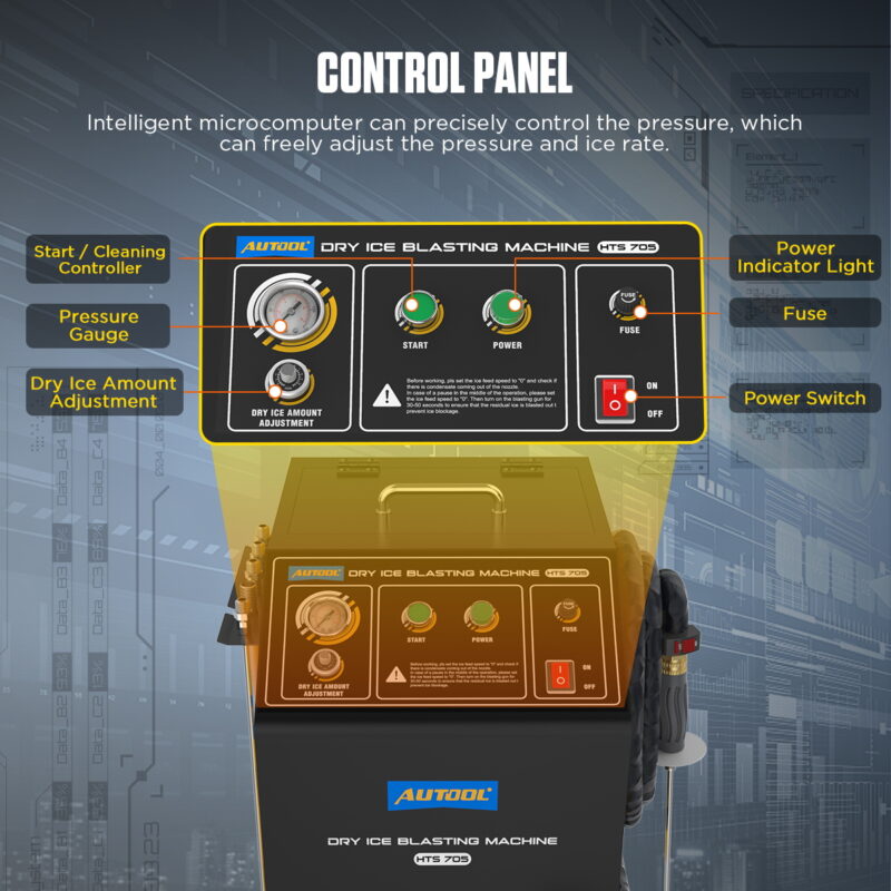 AUTOOL HTS705 control panel with pressure gauge dry ice amount adjustment start power fuse and power indicator