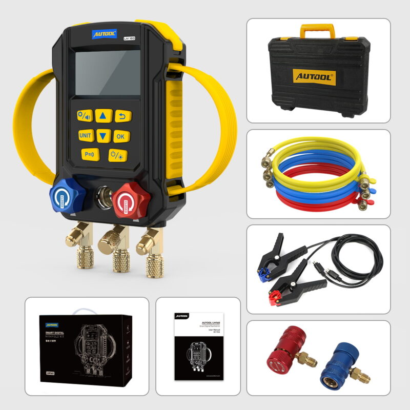 AUTOOL LM160 packing list with main unit storage case hoses temperature clamps adapters manual retail box and accessories