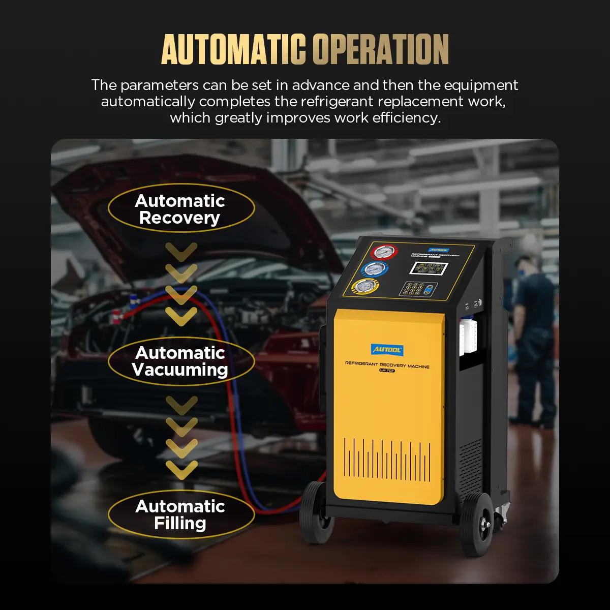 AUTOOL LM707 automatic recovery vacuuming and filling workflow