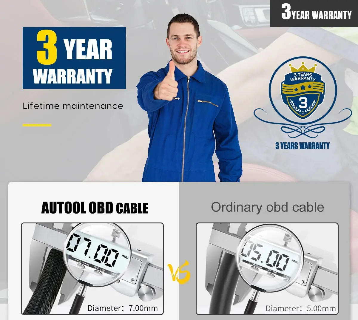 AUTOOL OBD2 extension cable 7mm diameter and warranty information image