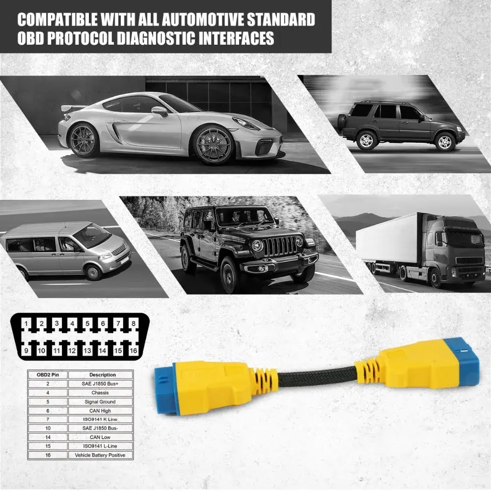 AUTOOL OBD2 extension cable compatibility with standard automotive OBD protocol diagnostic interfaces and 16 pin layout