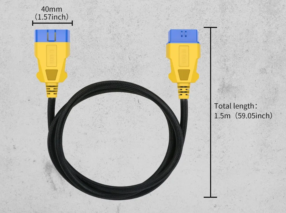 AUTOOL OBD2 extension cable dimensions showing 1.5m total length and 40mm connector width