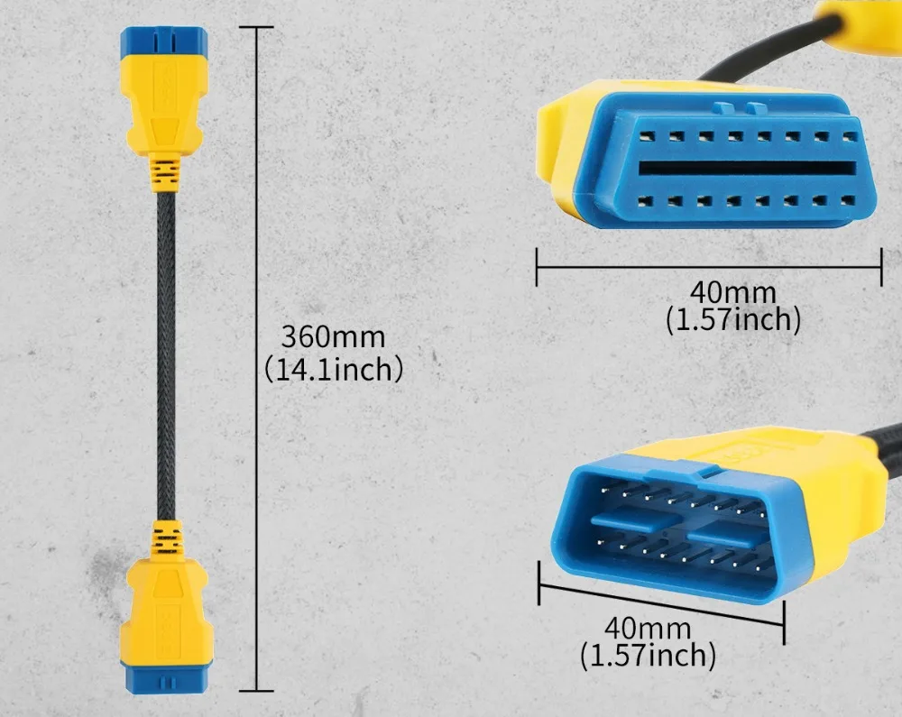 AUTOOL OBD2 extension cable dimensions showing 360mm length and 40mm connector width