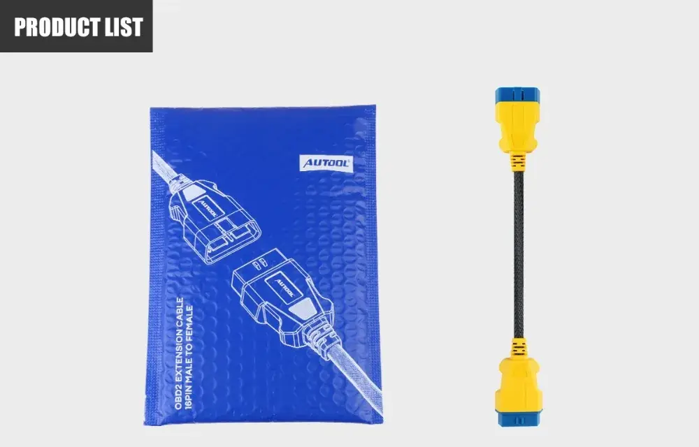 AUTOOL OBD2 extension cable product list showing one cable and package bag