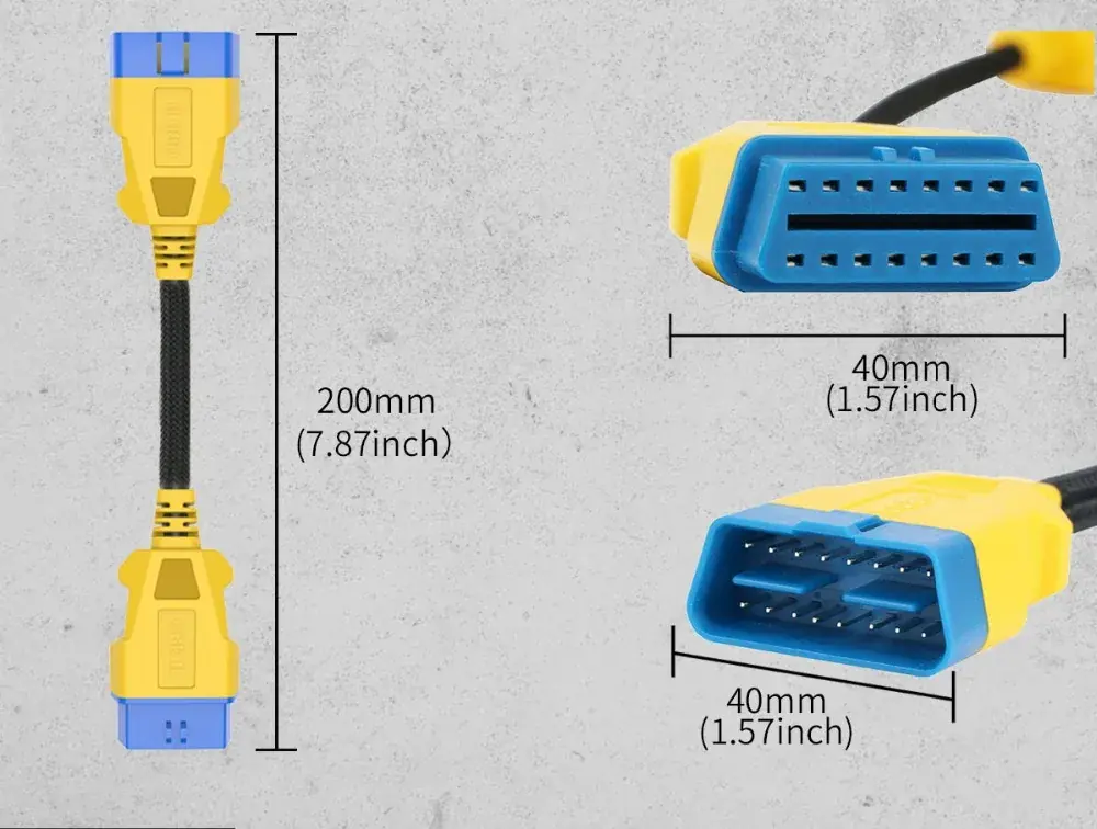 AUTOOL OBD2 extension cable size image showing 200mm length and 40mm connector width
