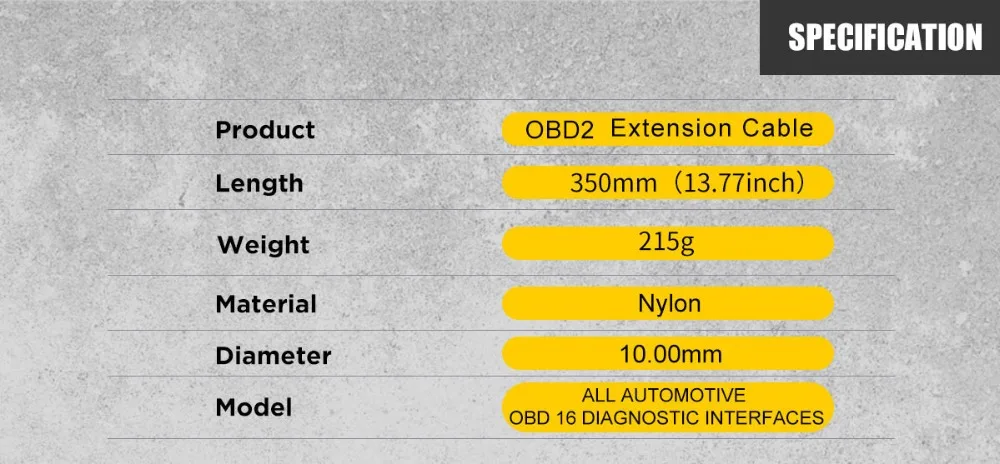 AUTOOL OBD2 extension cable specification chart showing length weight nylon material diameter and OBD 16 diagnostic interface support