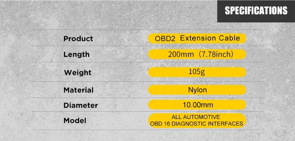 AUTOOL OBD2 extension cable specifications including 200mm length 105g weight nylon material and 10mm diameter