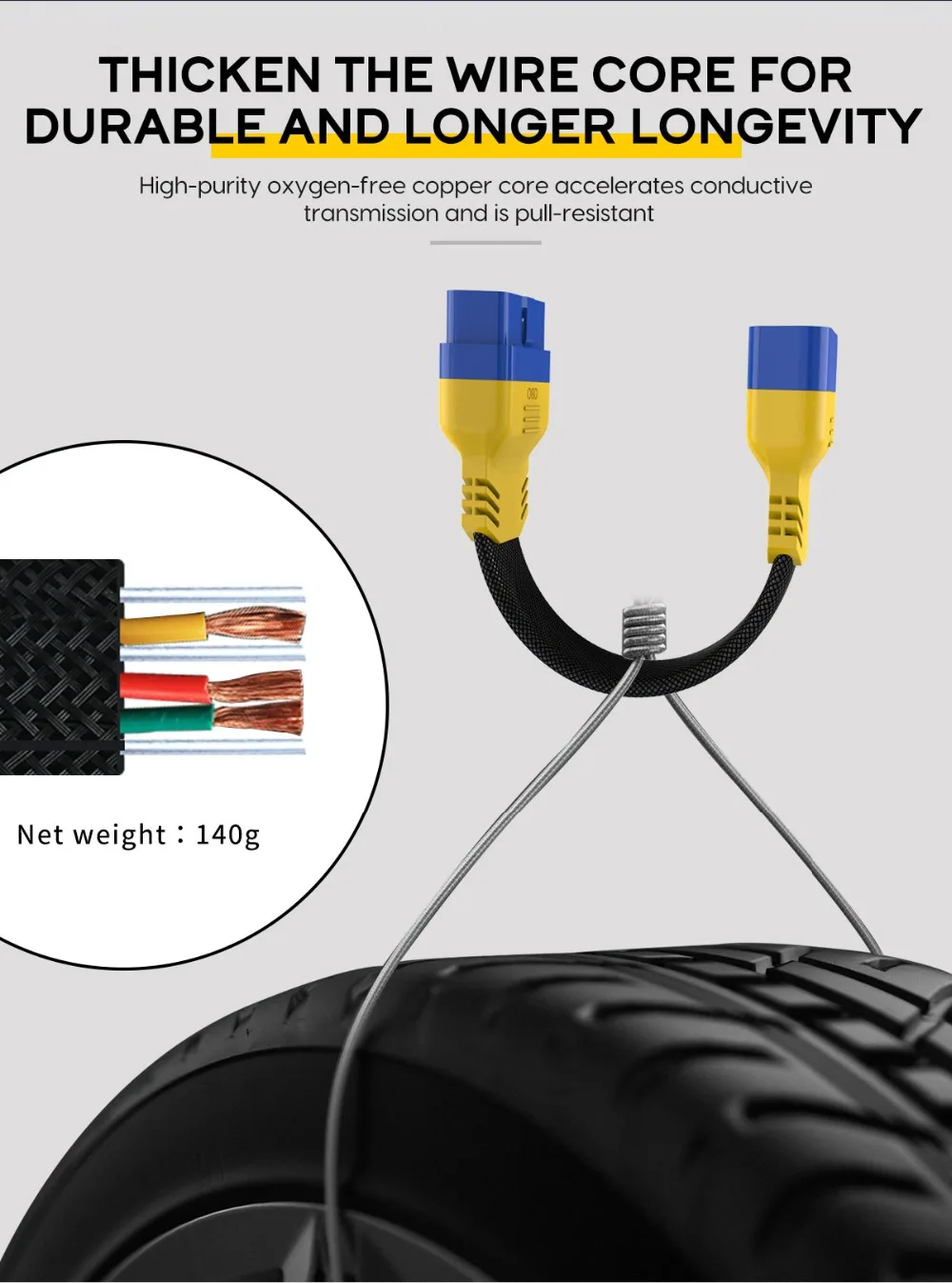 AUTOOL OBD2 extension cable thickened high-purity oxygen-free copper wire core and 140g net weight