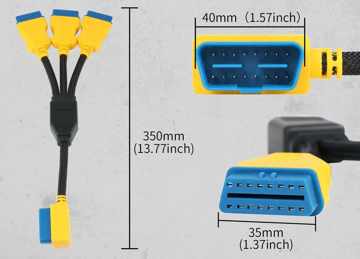 AUTOOL OBD2 splitter cable dimensions showing 350mm length 40mm male connector and 35mm female connector