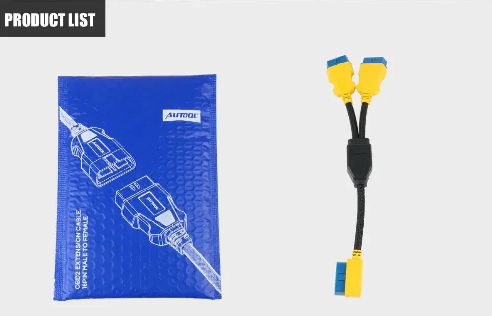 AUTOOL OBD2 splitter extension cable product list showing cable and package bag