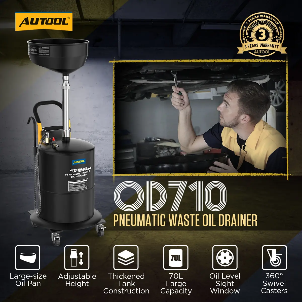 AUTOOL OD710 pneumatic waste oil drainer main product image with large oil pan adjustable height 70 liter tank sight window and swivel casters