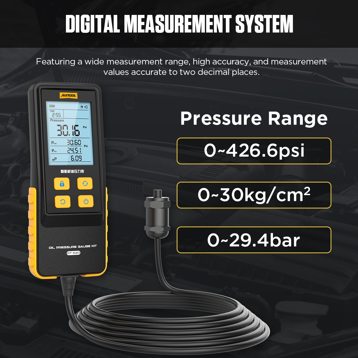 AUTOOL PT620 digital measurement system pressure range 0 to 426.6 PSI 0 to 30 kg per cm squared and 0 to 29.4 bar