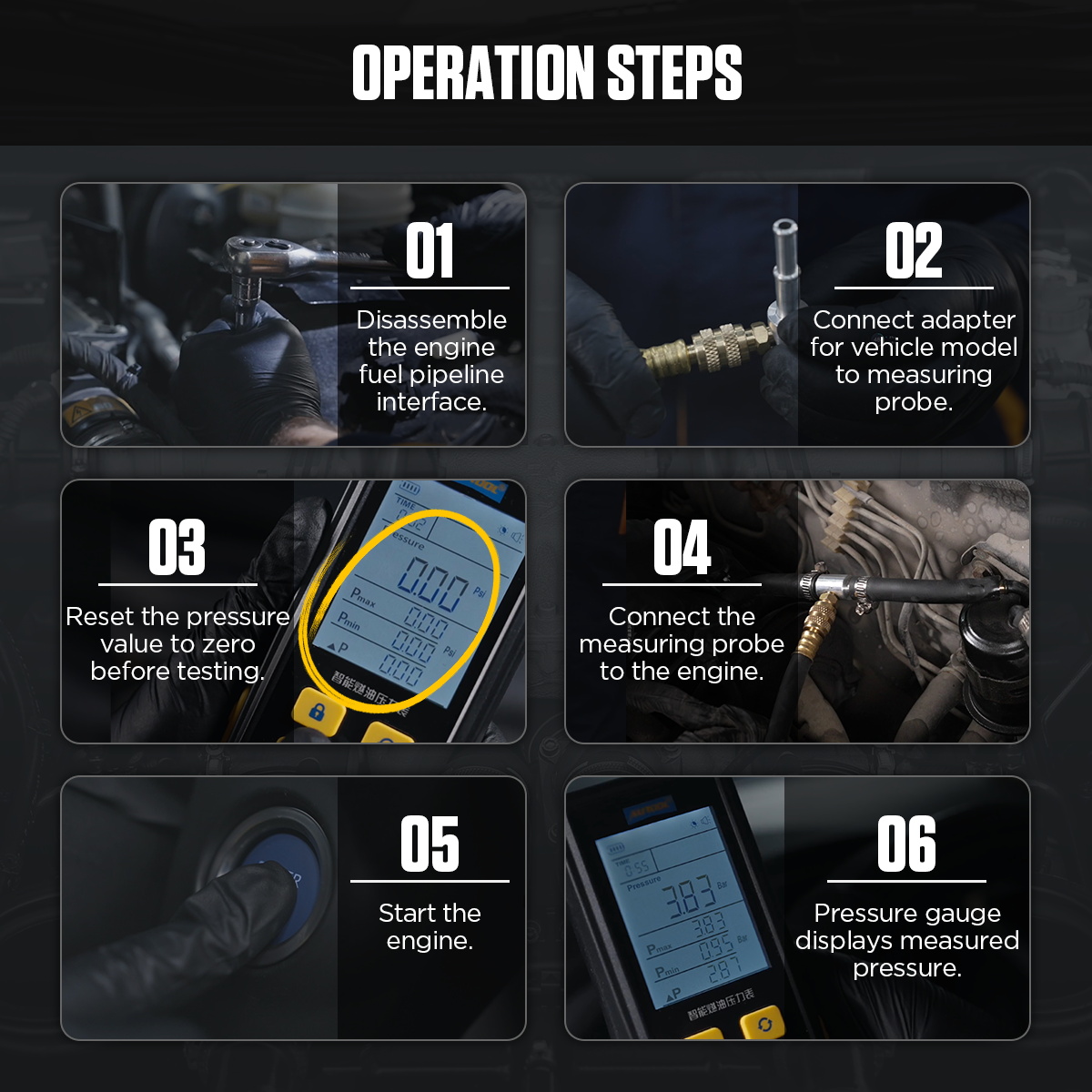 AUTOOL PT630 operation steps for connecting adapter, zeroing, connecting engine, starting engine, and reading measured pressure