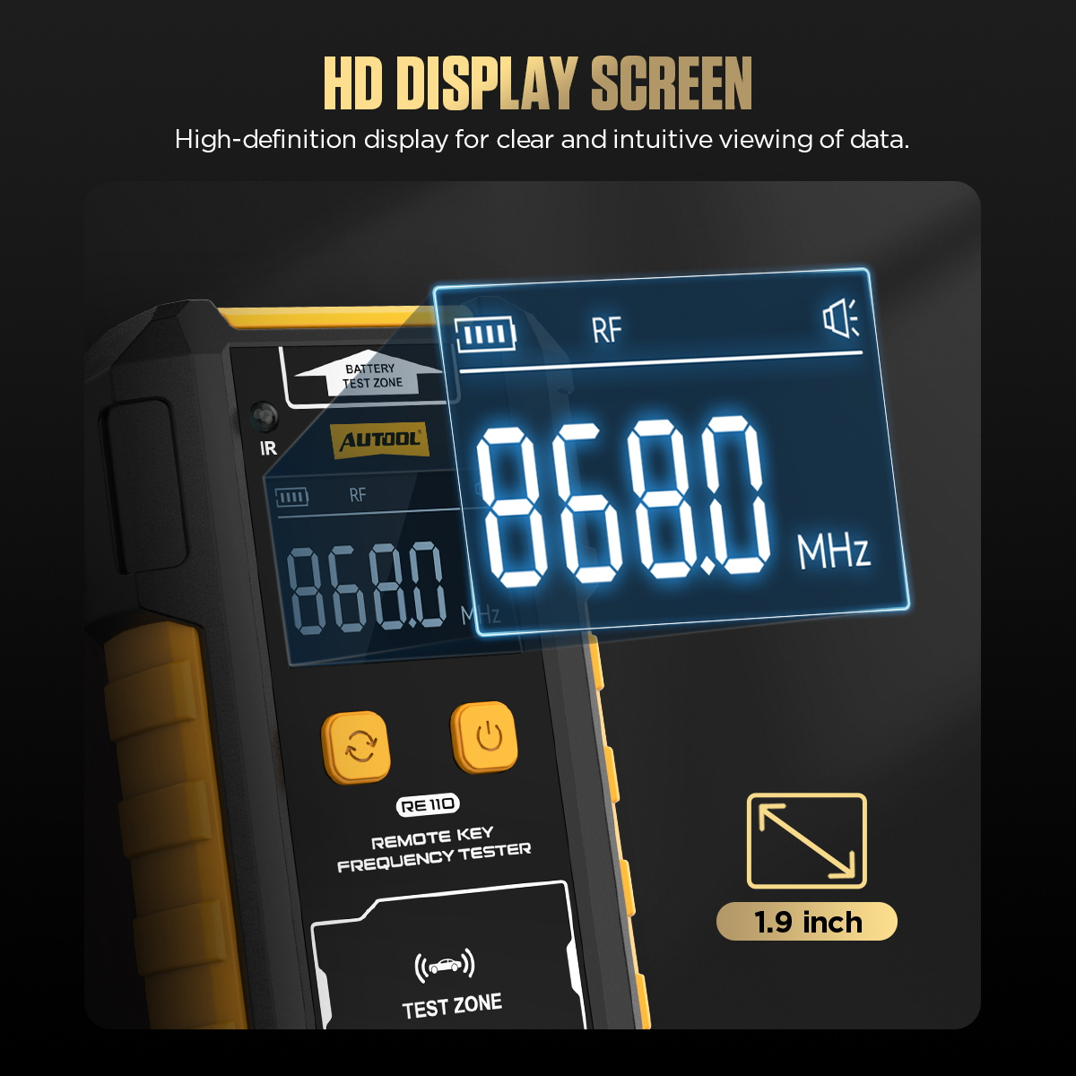 AUTOOL RE110 1.9 inch HD display screen showing frequency value