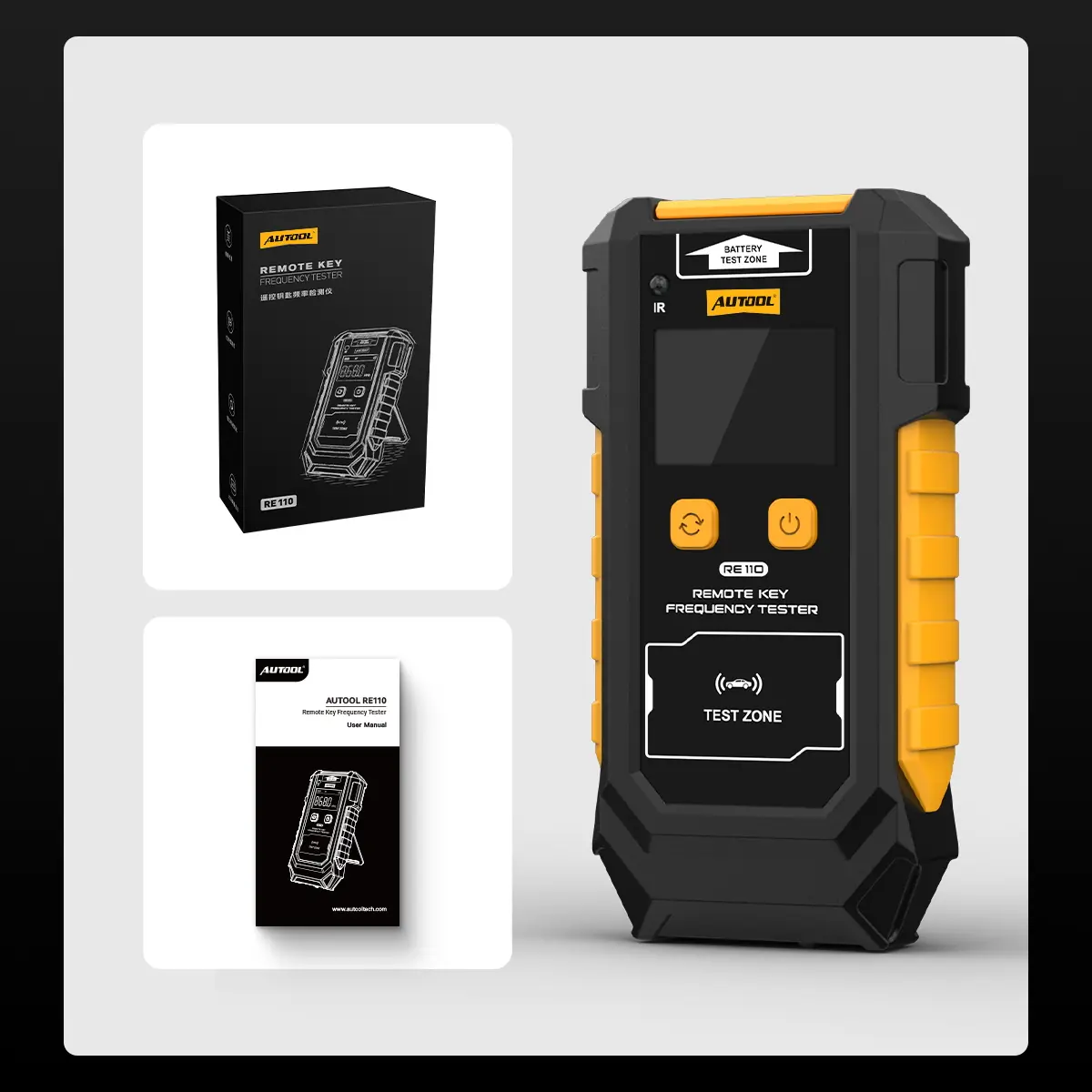 AUTOOL RE110 package image showing product box user manual and main unit