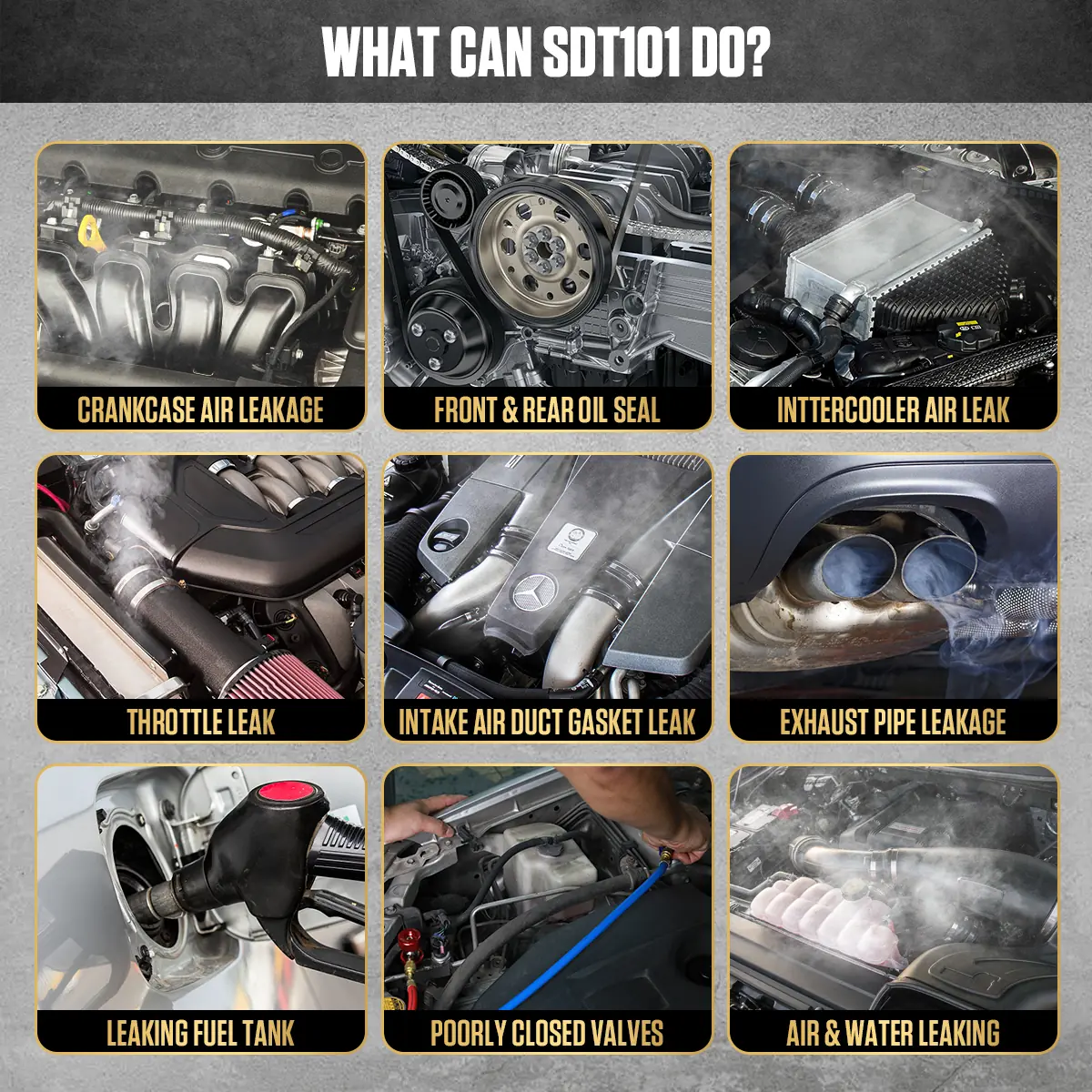 AUTOOL SDT101 leak detection applications including crankcase oil seal intercooler throttle intake duct exhaust fuel tank valve and air water leaks