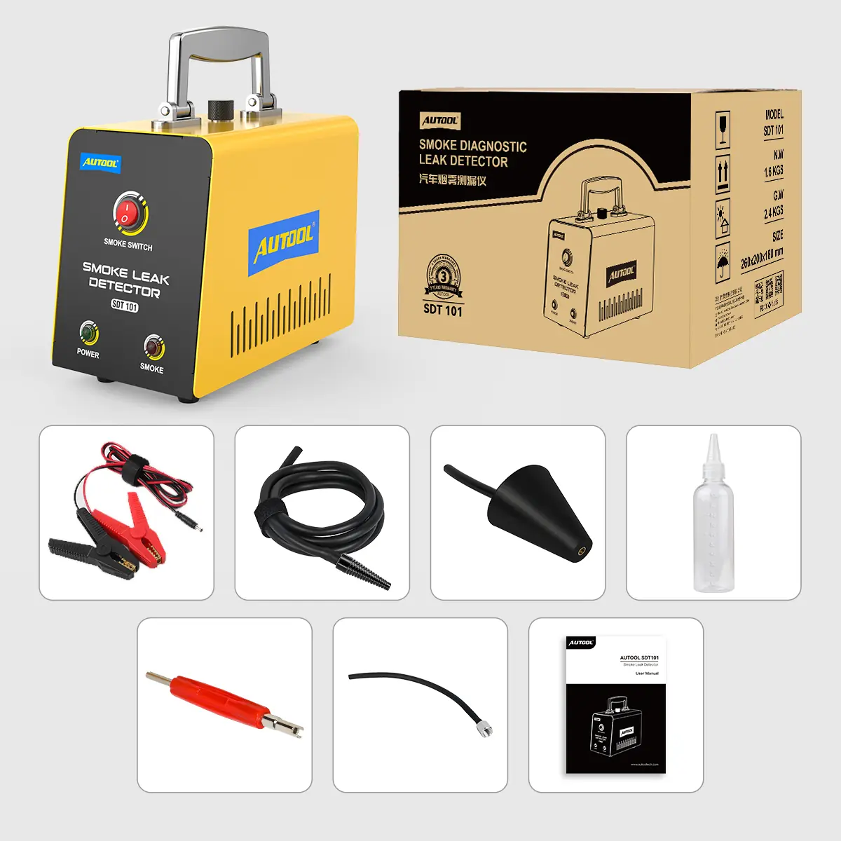 AUTOOL SDT101 packing list with main unit power cord smoke hose cone adapter EVAP connector oil bottle valve core wrench manual and box