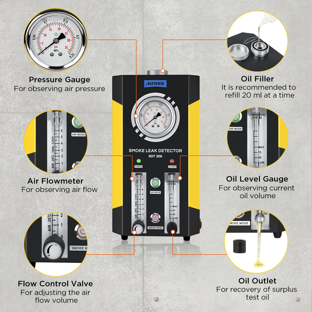 AUTOOL SDT206 details van drukmeter, olievulopening, luchtflowmeter, debietregelklep, olieniveaumeter en olie-uitlaat