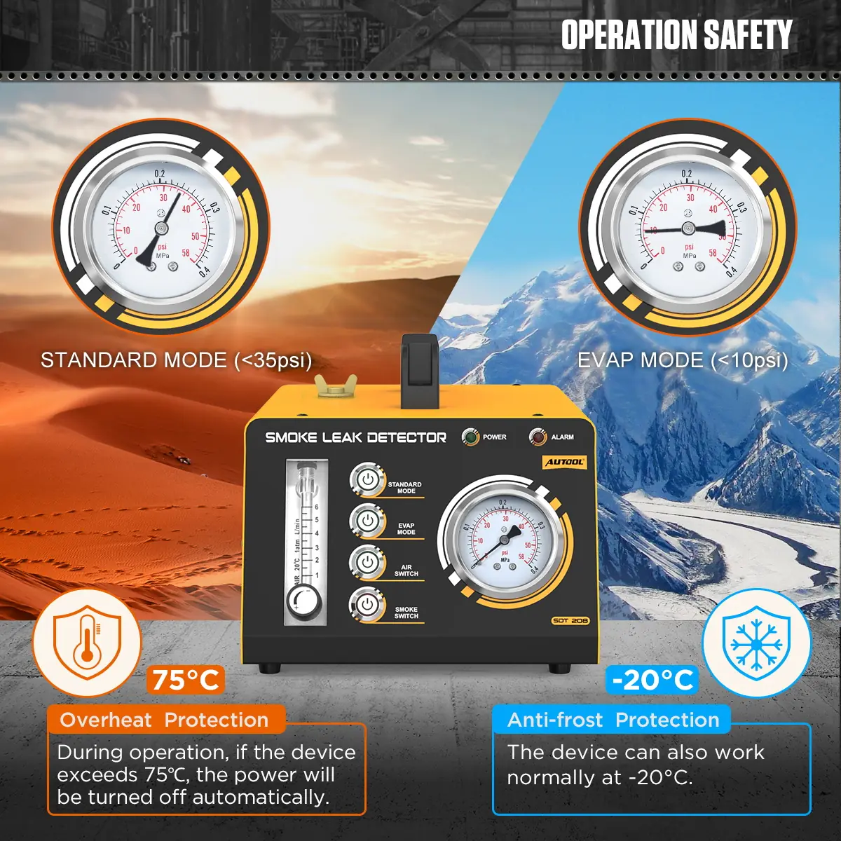 AUTOOL SDT208 operation safety with Standard Mode EVAP Mode 75 degrees protection and low temperature operation