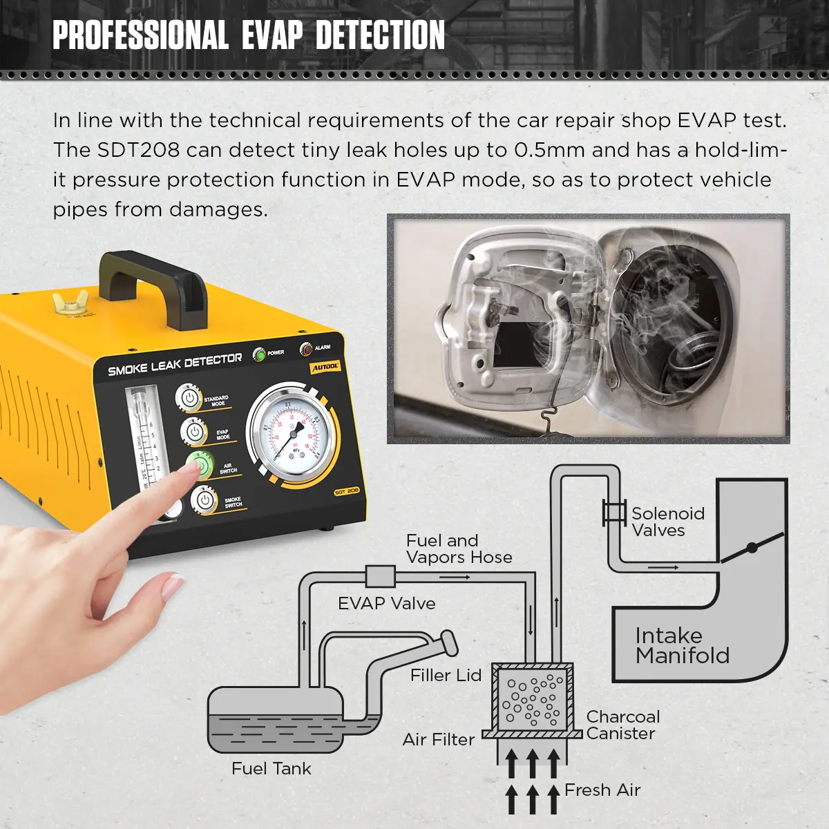 AUTOOL SDT208 professional EVAP detection with tiny leak detection and pressure protection