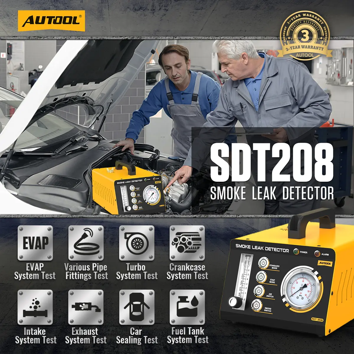 AUTOOL SDT208 smoke leak detector for EVAP pipe turbo crankcase intake exhaust fuel tank and vehicle sealing leak detection