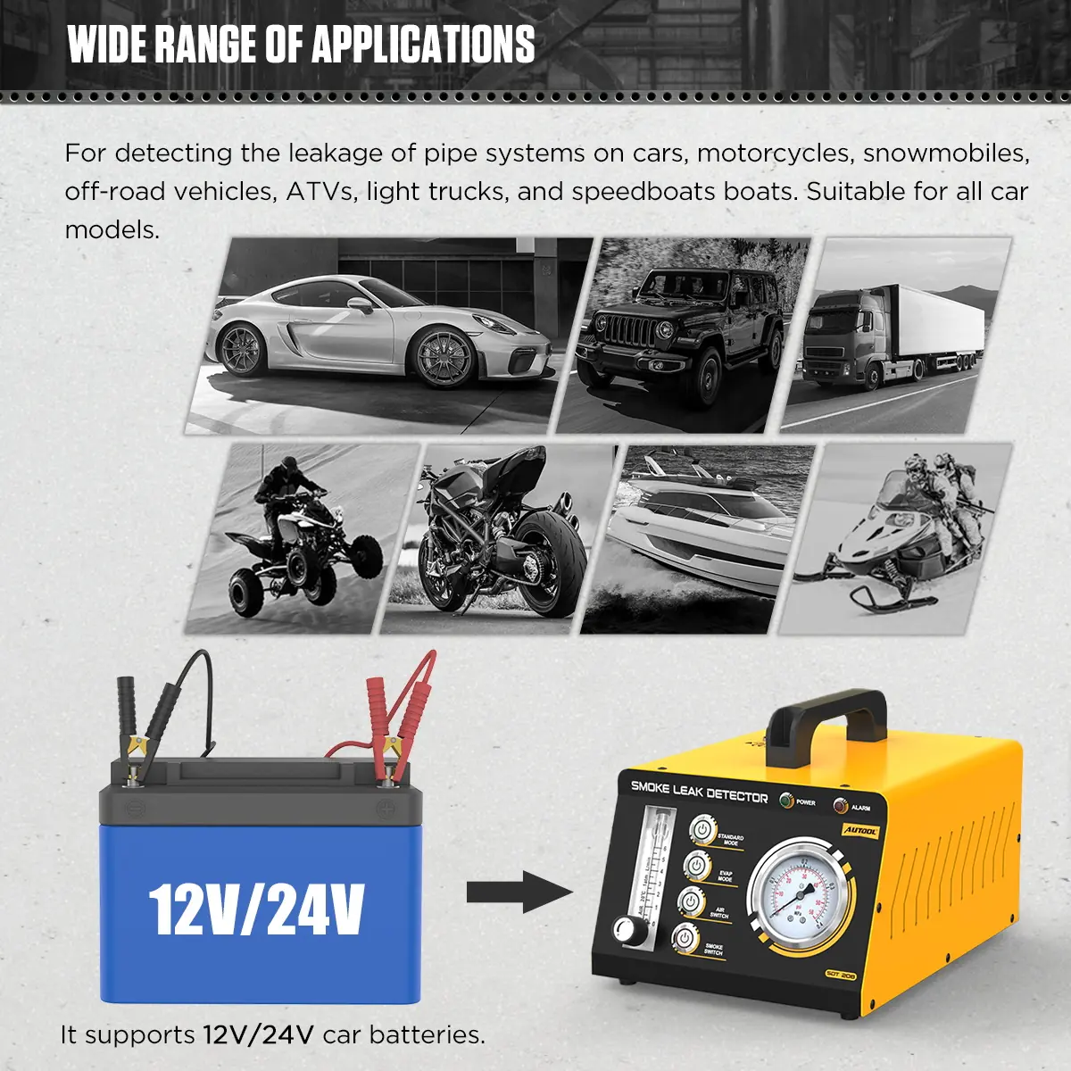 AUTOOL SDT208 vehicle compatibility for 12V and 24V cars motorcycles trucks ATVs boats and snowmobiles