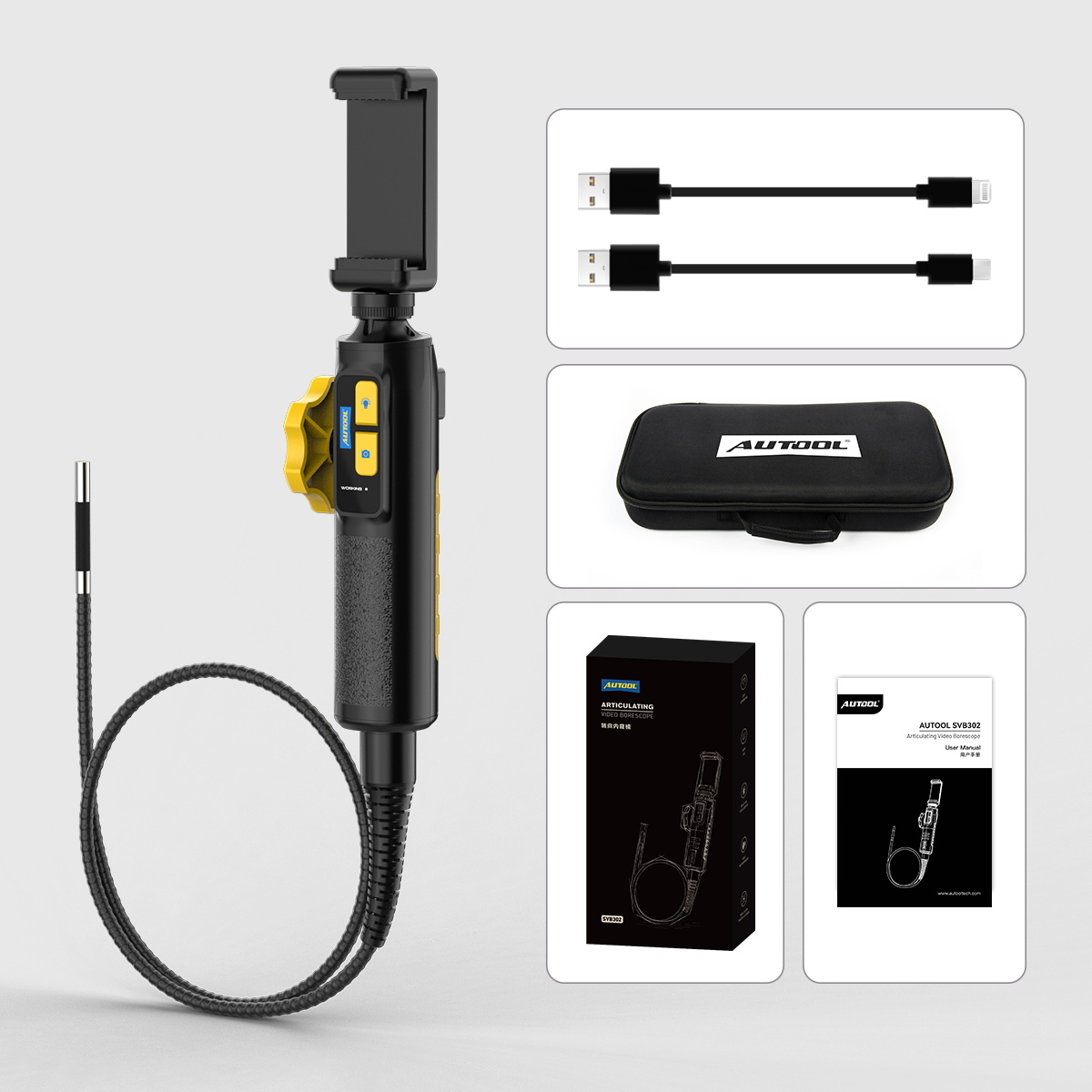 AUTOOL SVB302 packing list showing borescope main unit connection cables carrying case user manual and retail box