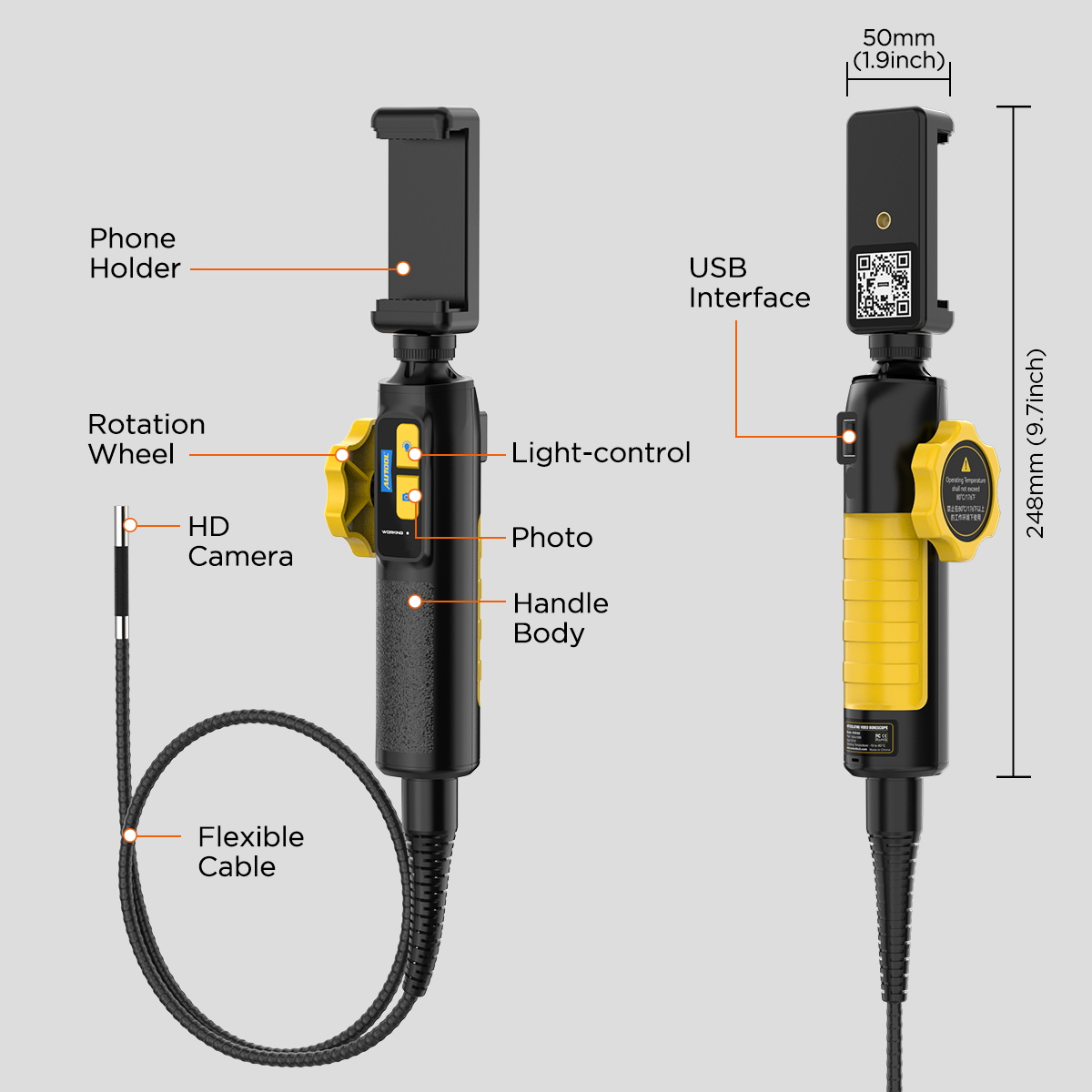 AUTOOL SVB302 product parts including phone holder rotation wheel light control photo button USB interface HD camera flexible cable and handle body