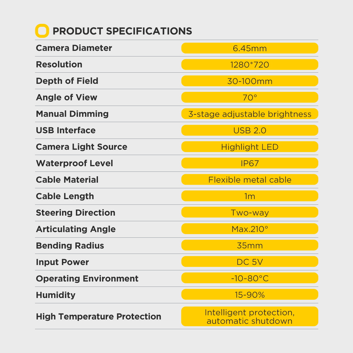 AUTOOL SVB302 product specifications showing camera diameter resolution depth of field cable length articulation angle input power operating environment and high temperature protection