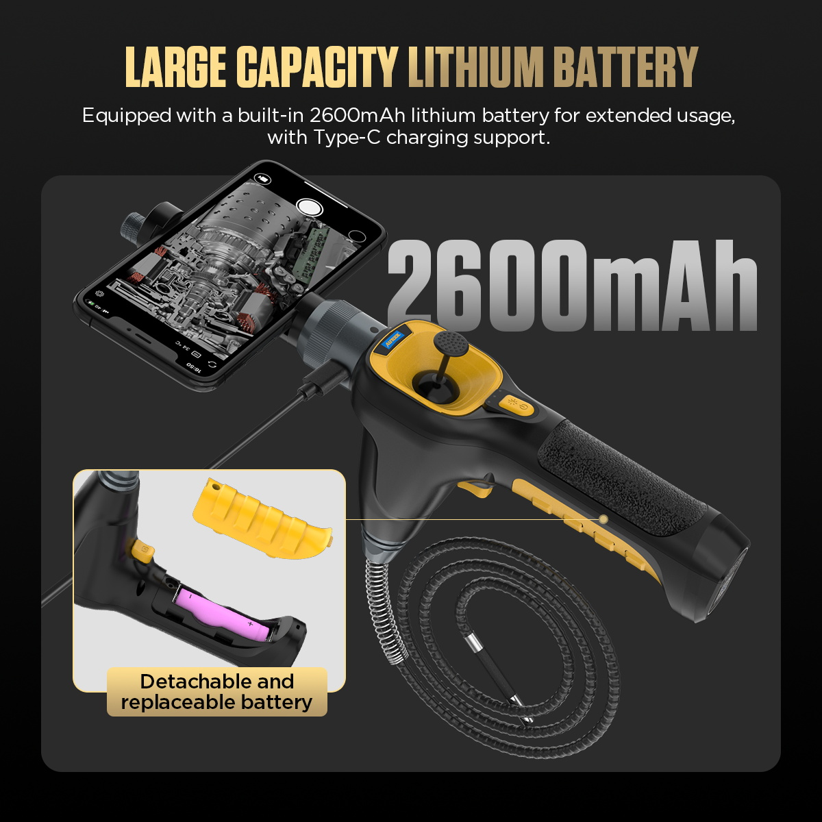 AUTOOL SVB303 2600mAh lithium battery and Type-C charging feature image
