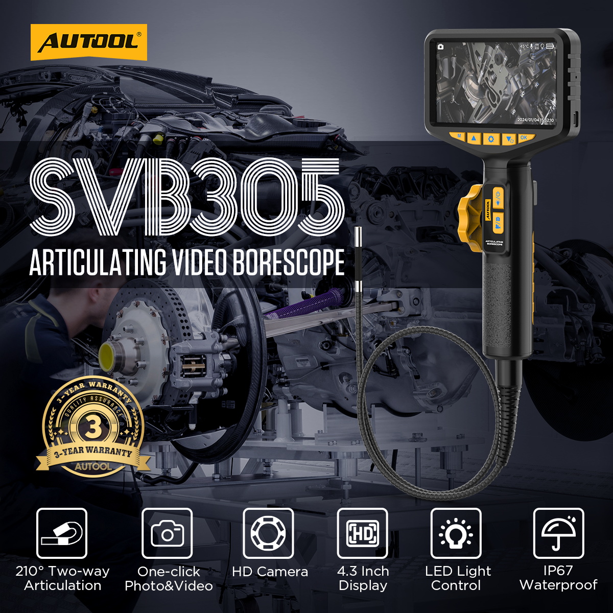 AUTOOL SVB305 articulating video borescope with 210 degree two way articulation 4.3 inch display LED light control and IP67 waterproof probe